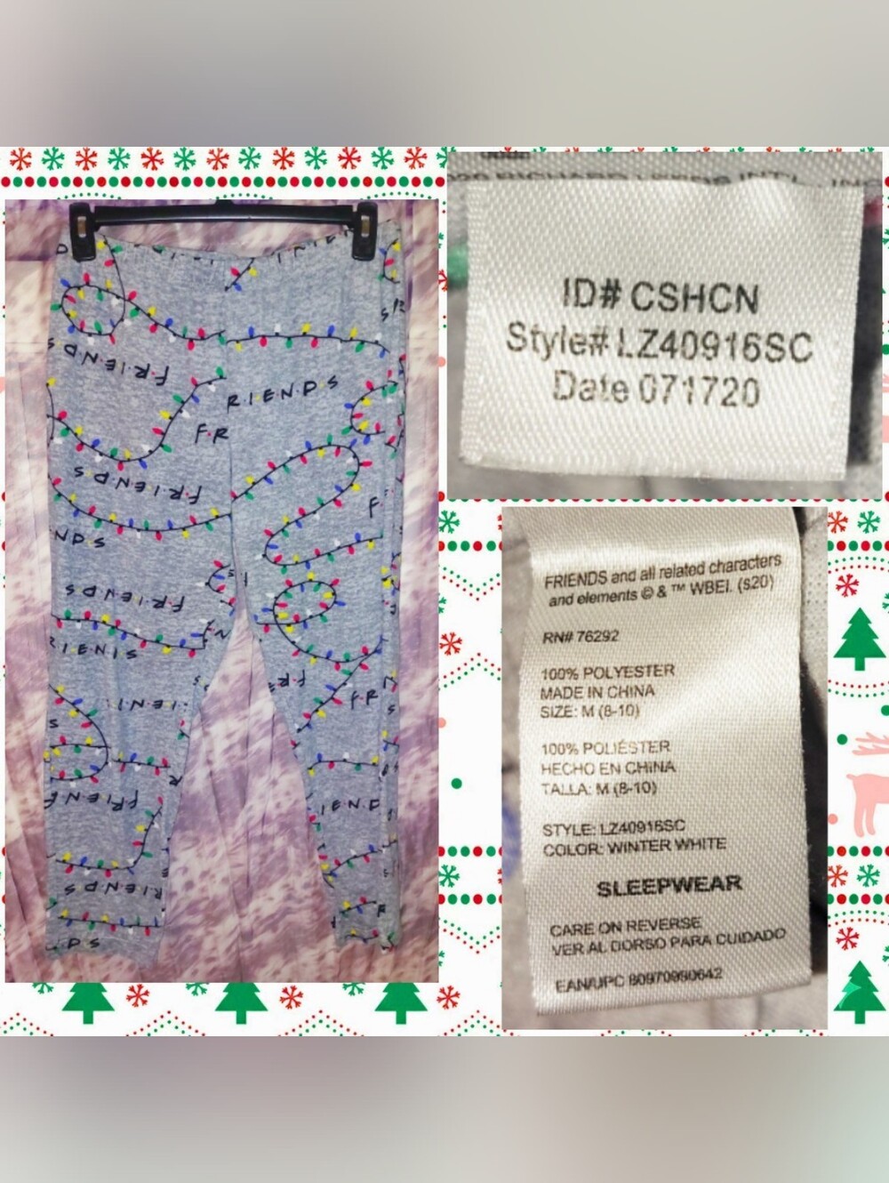 Walmart Gray w/Multiclr Christmas Lights FRIENDS Soft Fleece Lounge Pants M|8-10